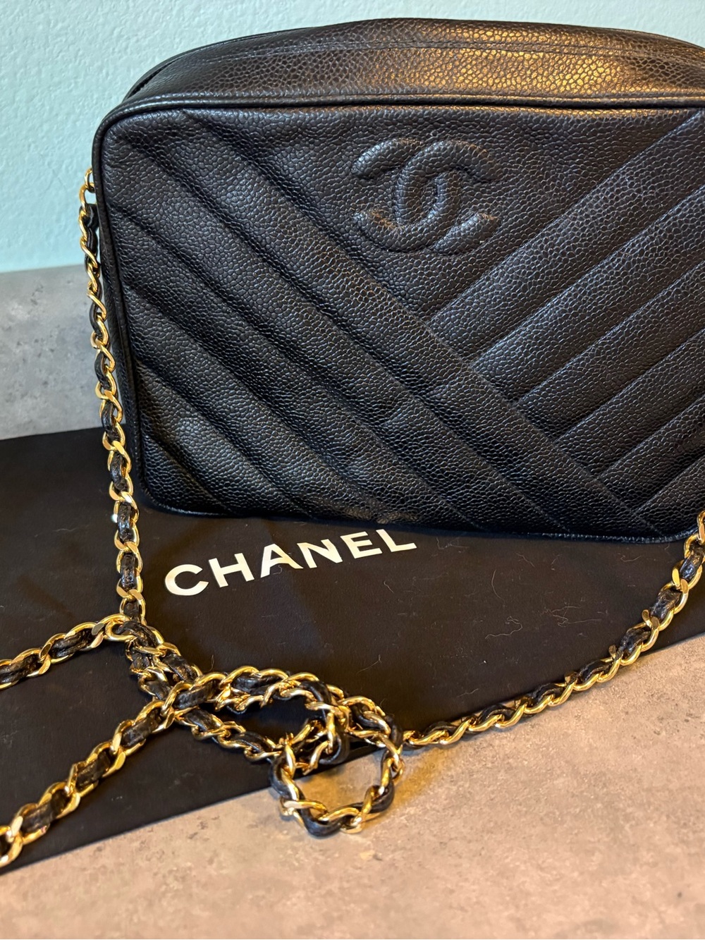 Vintage Chanel Black Quilted Caviar Leather Camera Bag with Gold Chain